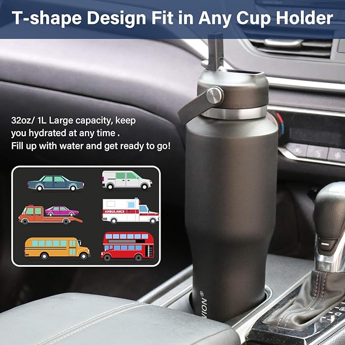 HYDROWION 40 oz Insulated Water Bottle with Straw fit in Car Cup Holder(Cold 48 hrs, Hot 24 hrs) Drinking Bottle with Straw Lid, Spout Lid and Flex Cap Leakproof Travel Thermo Mug，Green - Blue