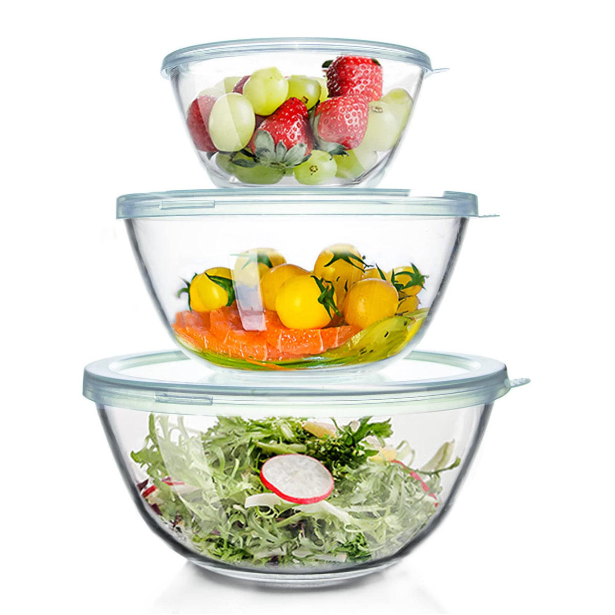 WhiteRhino Glass Mixing Bowl with Lids Set of 4,(1qt,1.5qt,2.5qt,3.7qt) Large Salad Bowl,Space-Saving Stacking Bowl for Kitchen Food Storage,Glass bowl for Cooking,Baking
