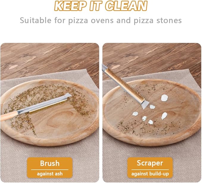 Pizza Oven Brush, 26" Brush and Stainless Steel Scraper for Pizza Stone, BBQ Grill Cleaning Brush Non Scratch Heat Proof Brass Bristles with Screwdriver, Outdoor Pizza Oven and Accessories