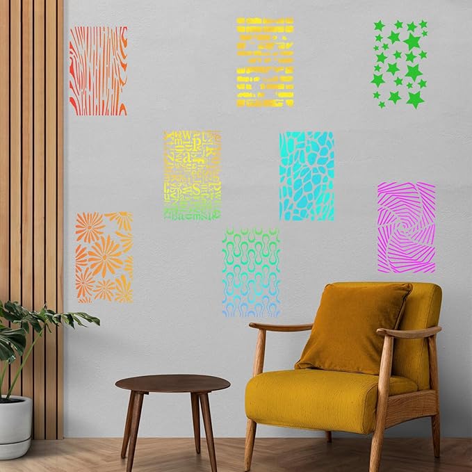 Yazhiji 8PCS Large Stencils for Geometric Painting, Reusable Geometric Painting Stencils Abstract Layering Stencil for Painting on Wood Canvas Furniture Floor Decor DIY Supplies