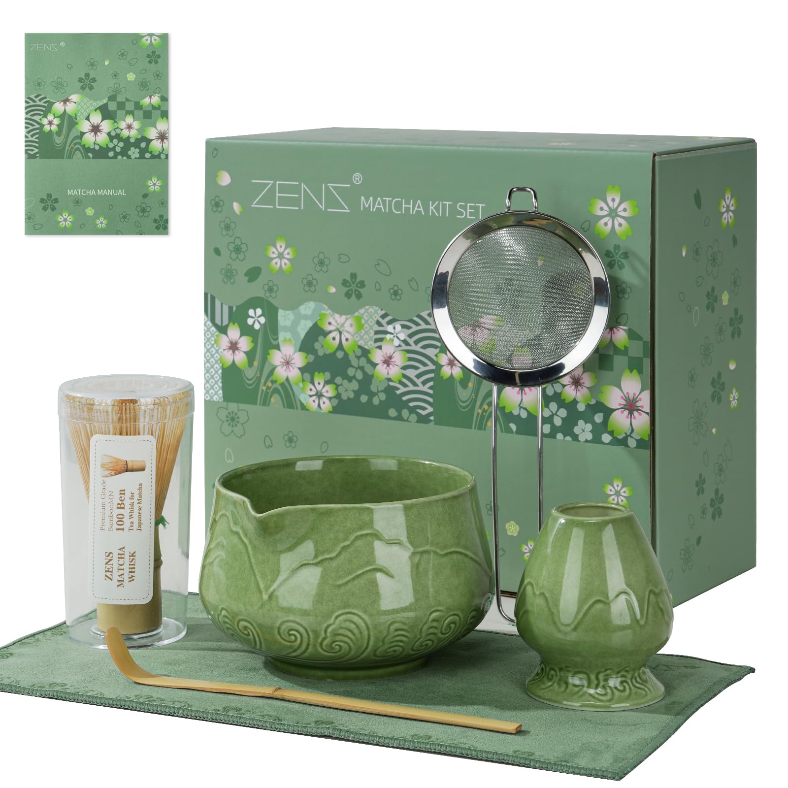 ZENS Premium Matcha Whisk Set, 6pcs Matcha Kit for Matcha Latte, Green