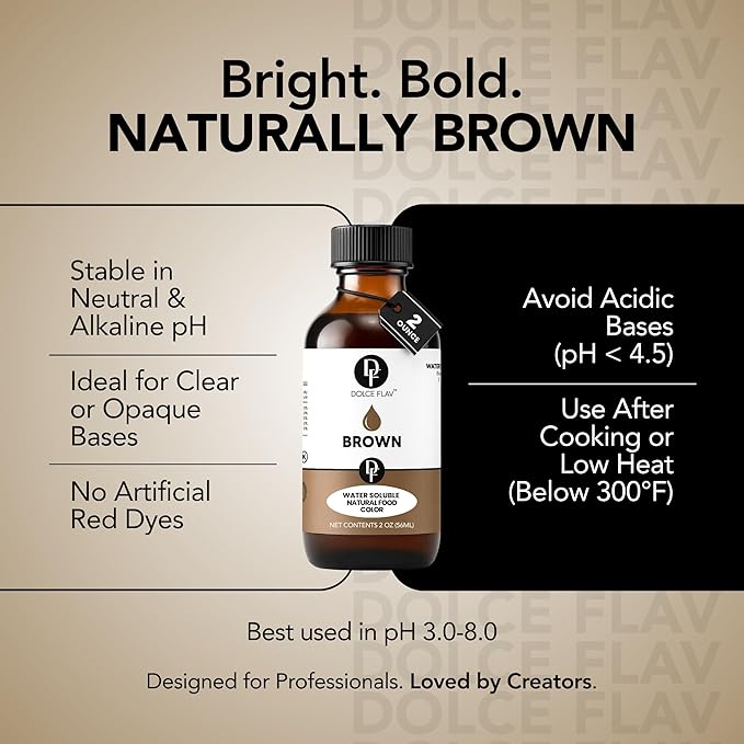 Dolce Flav Natural Brown Food Coloring – 2 oz Liquid Color from Class IV Caramel with Graduated Dropper | Water-Soluble | For Baking, Beverages & Sauces | Kosher | Made in USA