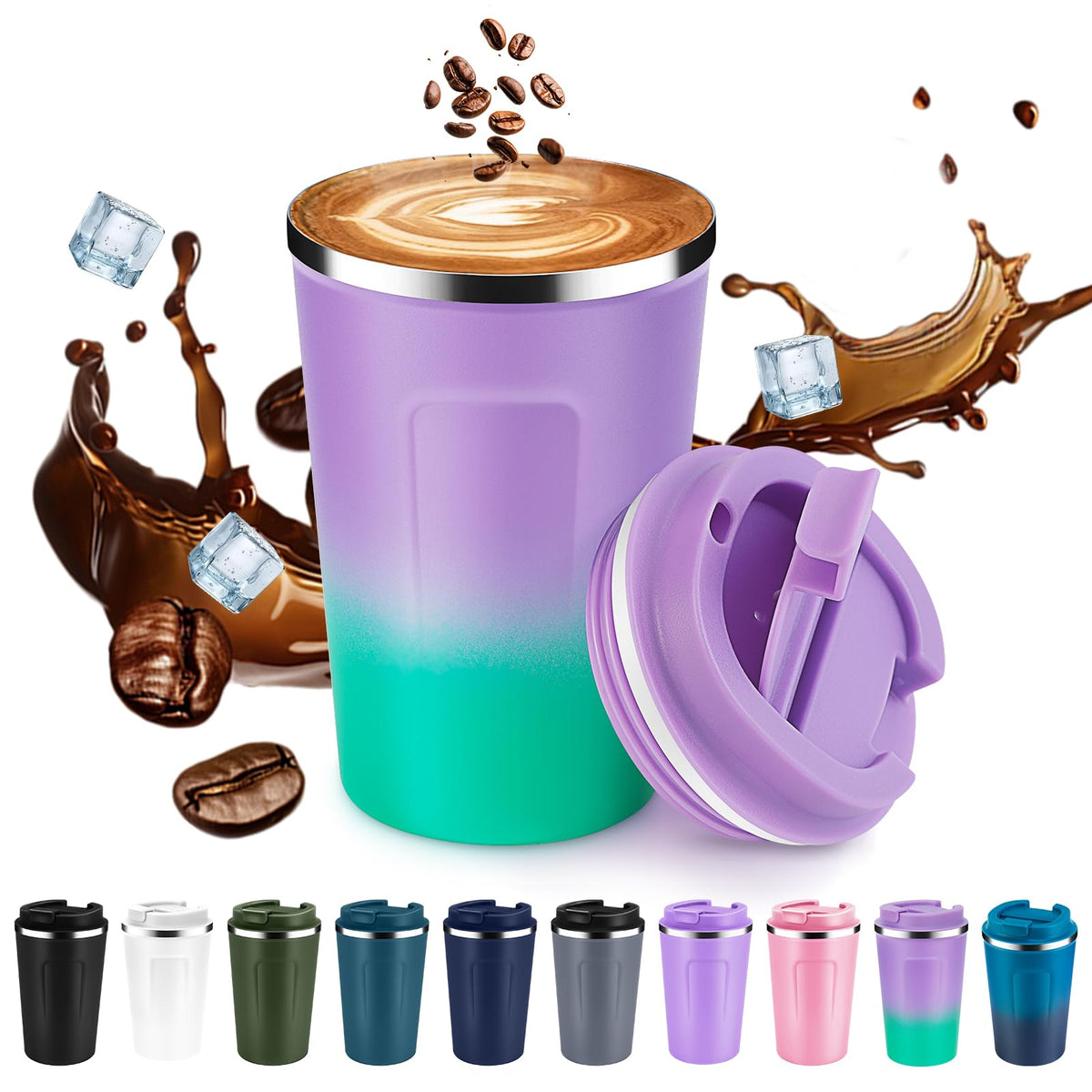 Volhoply 12 oz Double Wall Insulated Vacuum Travel Coffee Mug with Flip Lid Bulk 4 Pack,Reusable Stainless Steel Leak Proof Coffee Cups,Portable Cafe Thermal Tumbler for Hot & Cold Drinks(White,4 Set)