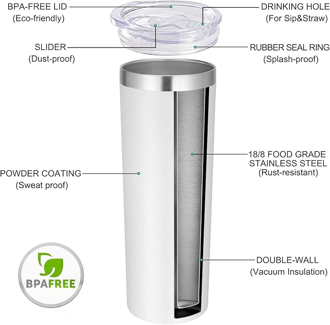 VEGOND Stainless Steel Tumblers Bulk 8 Pack, 20 oz Vacuum Insulated Skinny Tumblers with Lid and Straw, Double Wall Coffee Mug, Travel Water Cup, White