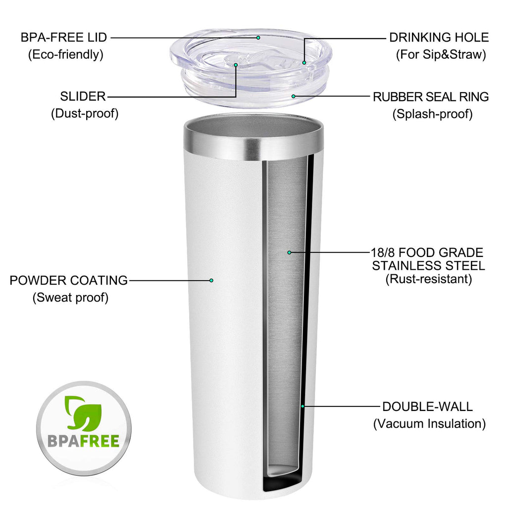 VEGOND Stainless Steel Skinny Tumbler, 20 oz Vacuum Insulated Tumbler with Lid and Straw, Double Wall Coffee Cup, Travel Mug for Cold Hot Drinks, White 1 Pack
