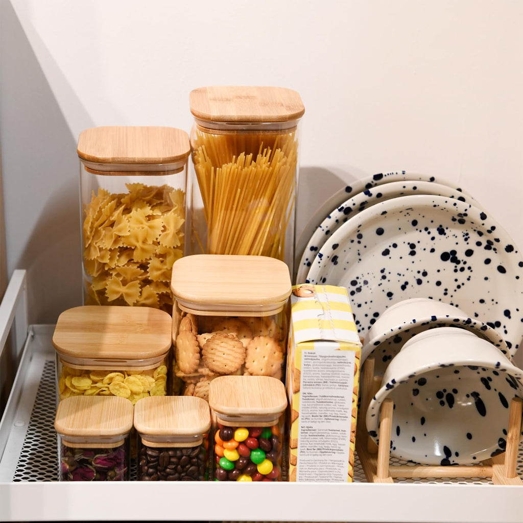 SHOWIN Glass Food Storage Jars Square 8oz, 12 Pack Glass Jars With Bamboo Lids, Kitchen Storage Containers For Spice, Candy, Cookie, Storage For Pantry Organizers