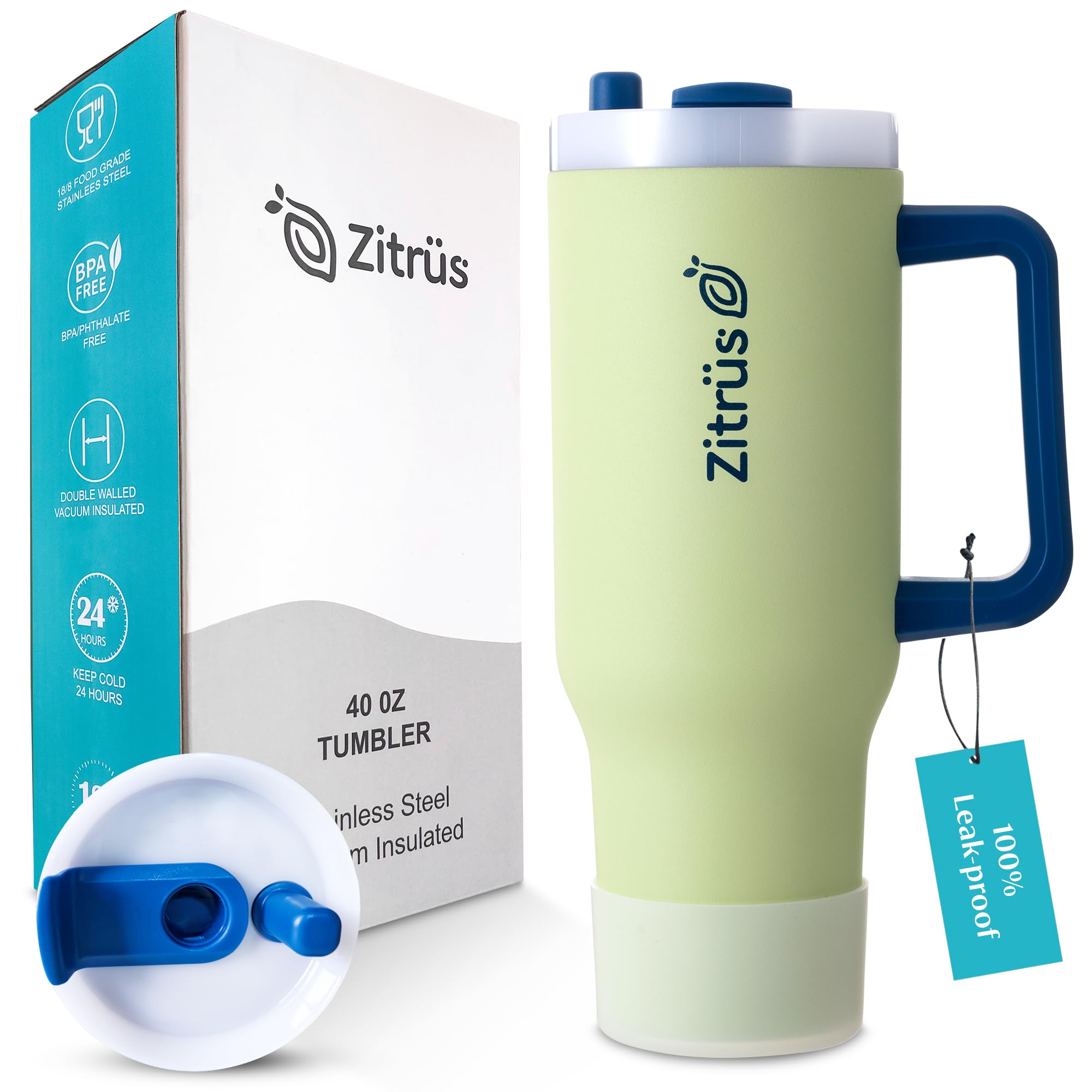 ZITRÜS 40 oz Tumbler with Handle and Straw | Leak Proof Insulated Stainless Steel Water Bottle Travel Mug Fits in Cup Holder | Keeps Cold Hot | Gifts for Women Men Him Her (Pastel Green, 40 oz)