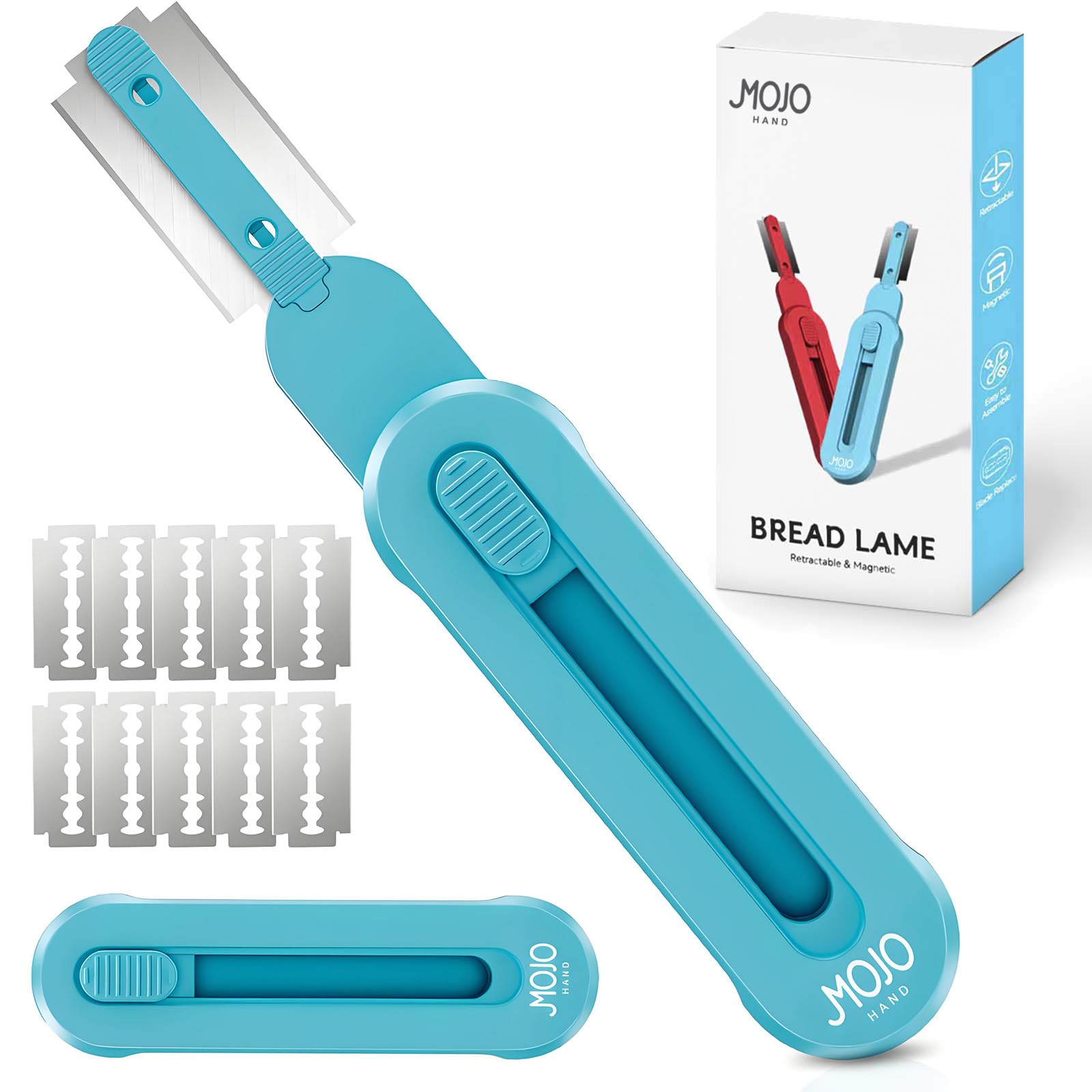 Bread lame for Dough, Magnetic & Reusable Bread Lame Dough Scoring Tool, Anti-Slip Handle with Long Retractable Razor blades, Sourdough Scoring tool for Bread Making (Blue)
