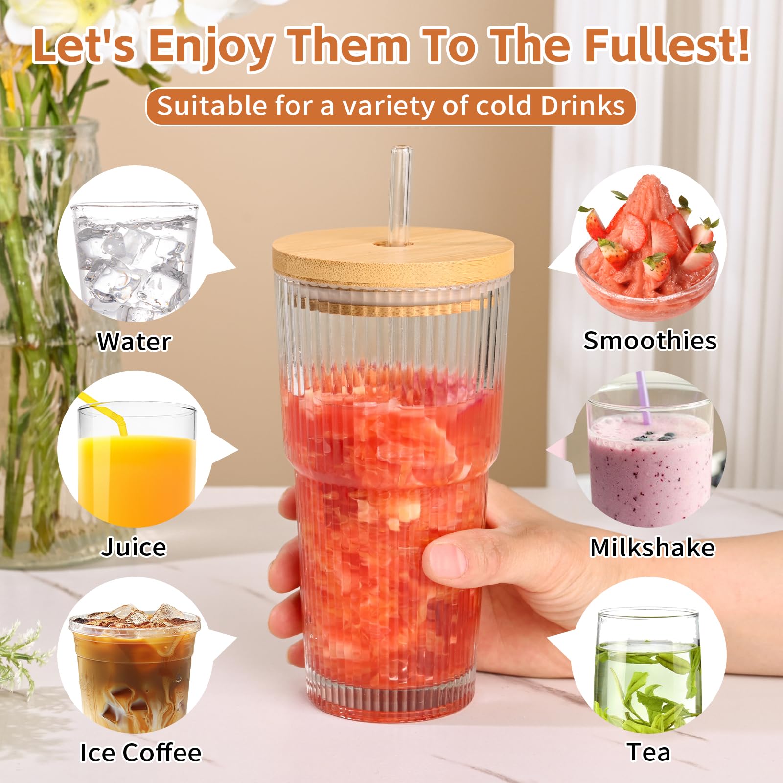 AUFXKOO 20oz Glass Cups with Lids and Straws,2PCS Ribbed Glass Coffee Cups,Iced Coffee Cups with Lid,Vintage Bamboo Tumbler for Juice,Smoothies