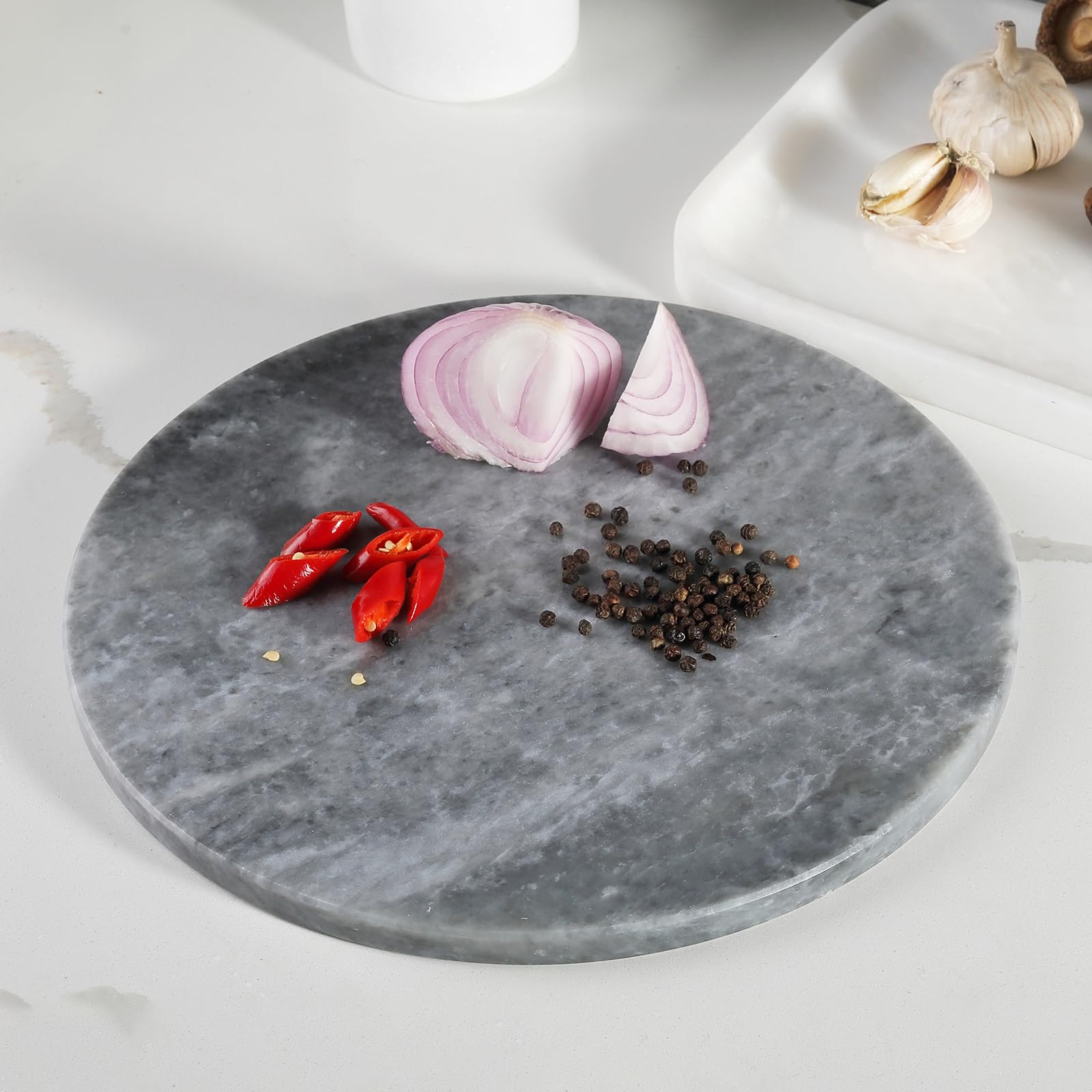Koville Brazilian Round Marble Cutting Board for Kitchen, 11inch Round Hand Crafted Marble Slab for Cheese, Charcuterie, Pastry Board - Wedding Gift, House Warming Gift(Rhino Grey)