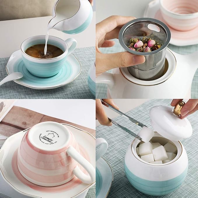 Sweejar Porcelain Tea Sets, 8 OZ Cups & Saucer Service for 4, Teapot Sugar Bowl Cream Pitcher Teaspoons and Tea Strainer for Adult Tea Coffee Afternoon Party (Pink)