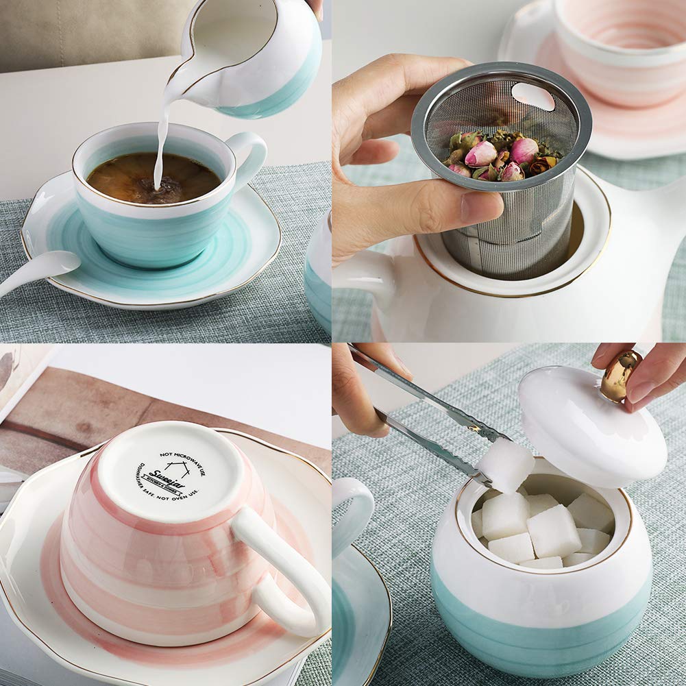 Sweejar Porcelain Tea Sets, 8 OZ Cups & Saucer Service for 4, Teapot Sugar Bowl Cream Pitcher Teaspoons and Tea Strainer for Adult Tea Coffee Afternoon Party (Pink)