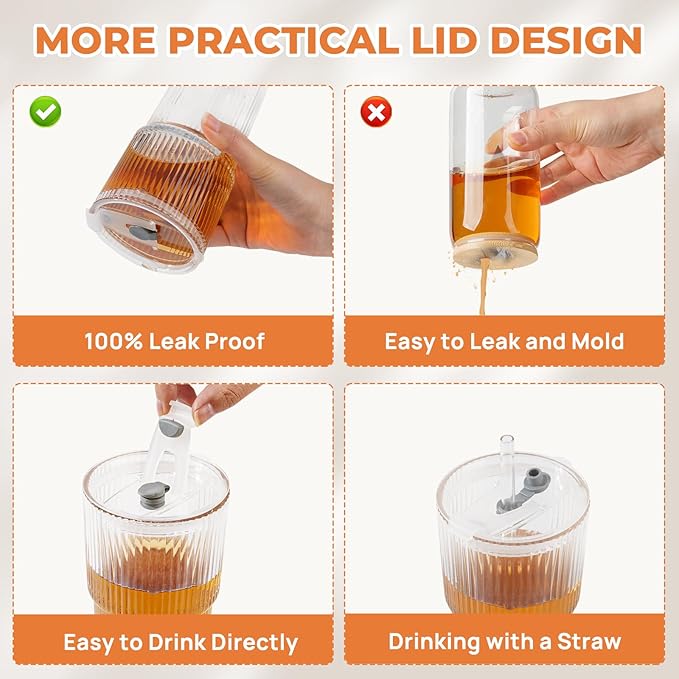 2 Pack 20 Oz Glass Cups with Lids and Straws Iced Coffee Cups Vintage Ribbed Glassware for Beer Ice Coffee Fruit Juice Elegant Aesthetic Cup Glass Iced Coffee Tumbler Include 1 Cleaning Brushes