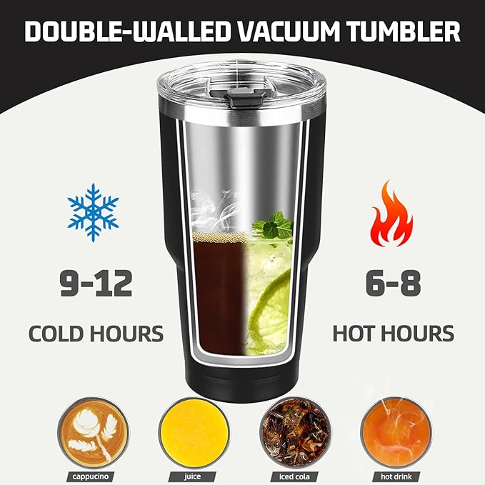 30 oz Tumbler with Lids and Straws, Stainless Steel Insulated Coffee Tumbler, Double Wall Vacuum Insulated Travel Mug Cup, Leakproof Thermal Coffee Cup for Hot and Cold Drinks (Black)