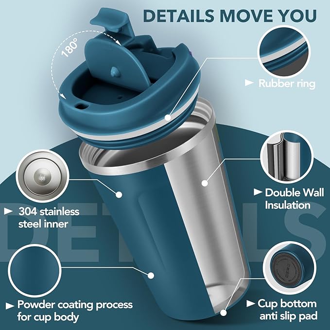 Volhoply 12 oz Double Wall Insulated Vacuum Travel Coffee Mug with Flip Lid Bulk 4 Pack,Reusable Stainless Steel Leak Proof Coffee Cups,Portable Cafe Thermal Tumbler for Hot & Cold Drinks(Bule,4 Set)