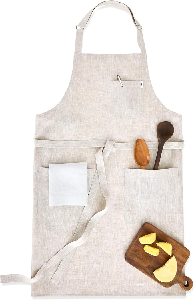 Solino Home Linen Kitchen Apron for Men & Women - Light Natural Bib Apron with Front Pockets - Handcrafted from European Flax
