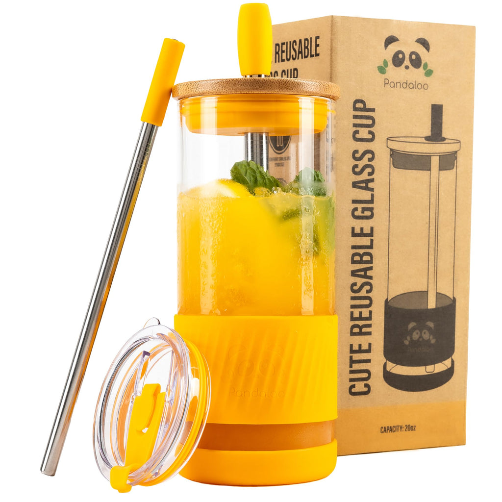 Pandaloo® Glass Cups With Lids and Straws -20 Fl Oz- Perfect Size Iced Coffee Cup - Smoothie Cup With Bamboo Lid and On the go Lid - Glass Tumbler (2 Count (Pack of 1), Amber Sand-Coton White)