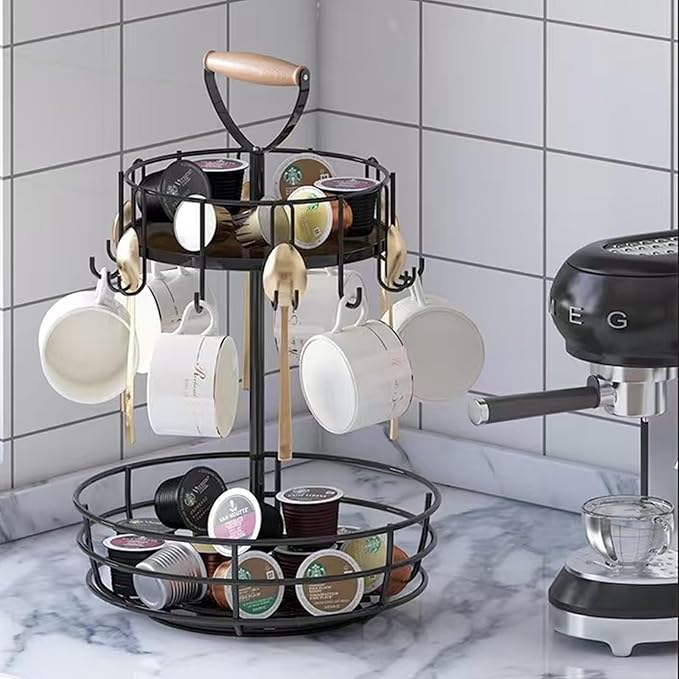 Coffee Mug Holder, 2 Tier Coffee Cup Holder with Hooks, Rotatable Mug Rack Organizer with Cup Pods & Saucer Basket for Bar Kitchen Counter
