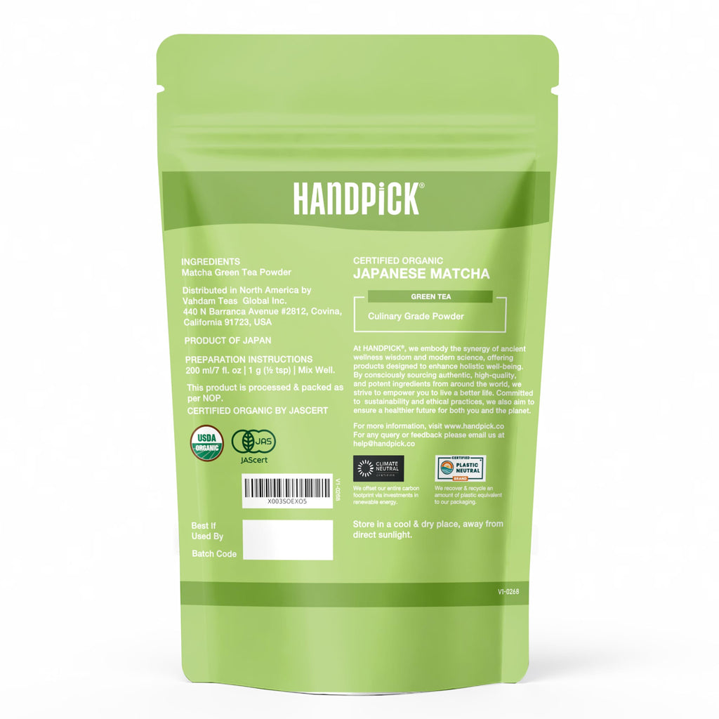 HANDPICK Japanese Organic Matcha Green Tea Powder (100 Servings) - Sourced from Japan | Authentic Premium Harvest | Resealable Ziplock Pouch