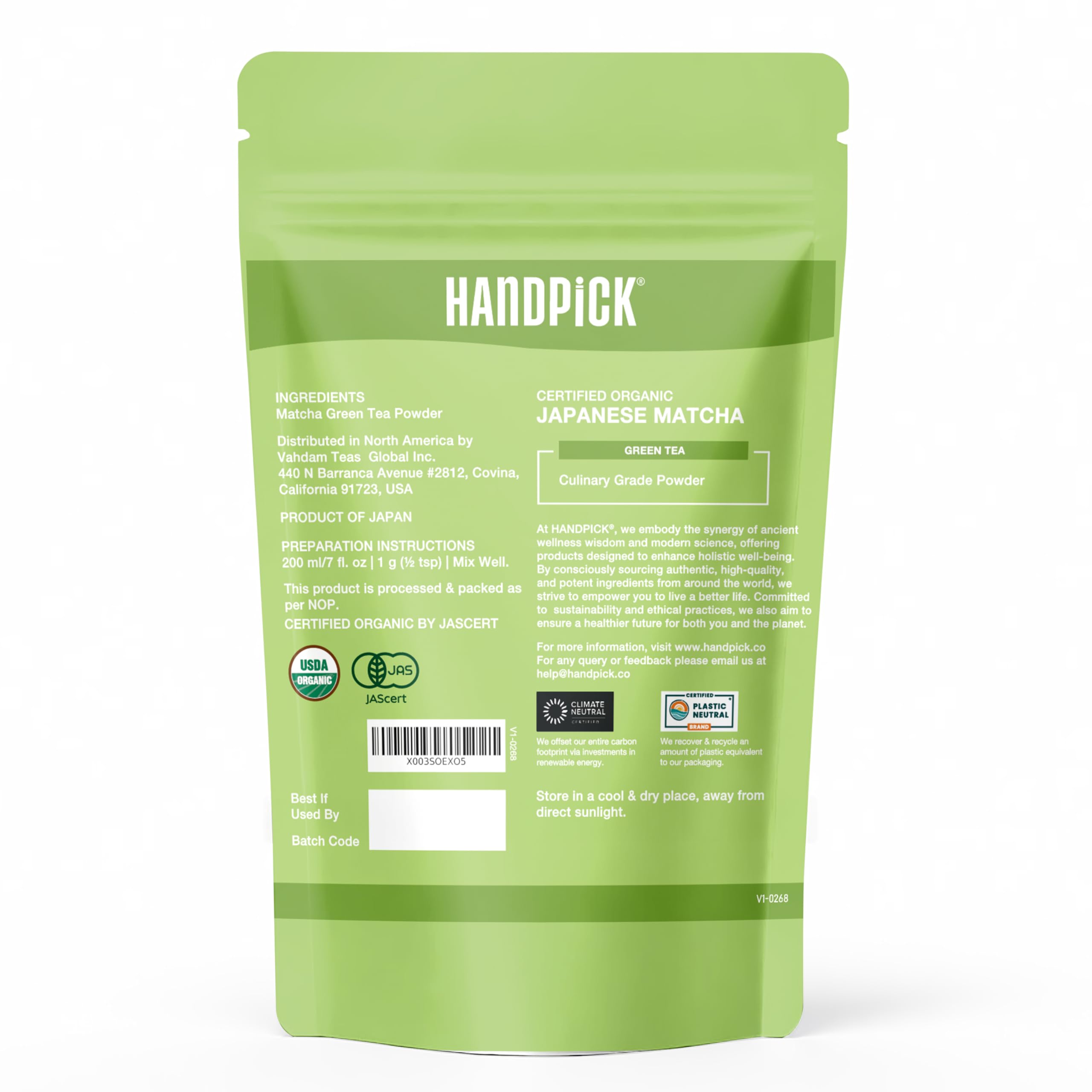 HANDPICK Japanese Organic Matcha Green Tea Powder (100 Servings) - Sourced from Japan | Authentic Premium Harvest | Resealable Ziplock Pouch