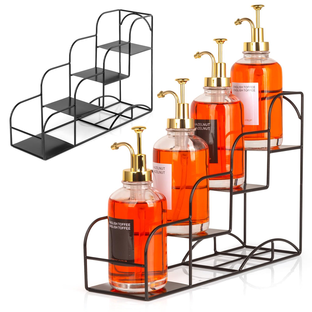 Syrup Rack for Coffee Bar Accessories, Iron 4 Compartment Bottle Organizer, Countertop Display Storage Shelf Bottle Stand, Metal Coffee Bar Organizer for Wine, Kitchen, Holds 4 Bottles