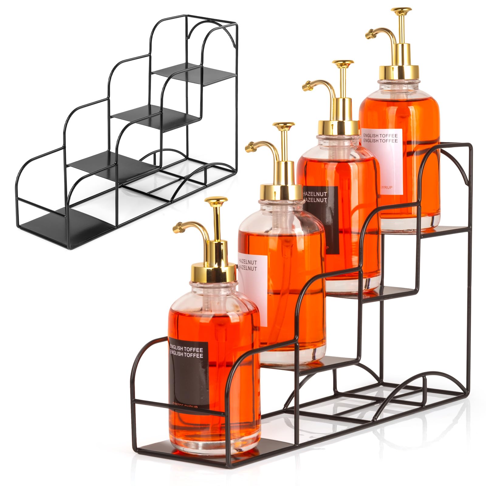 Syrup Rack for Coffee Bar Accessories, Iron 4 Compartment Bottle Organizer, Countertop Display Storage Shelf Bottle Stand, Metal Coffee Bar Organizer for Wine, Kitchen, Holds 4 Bottles