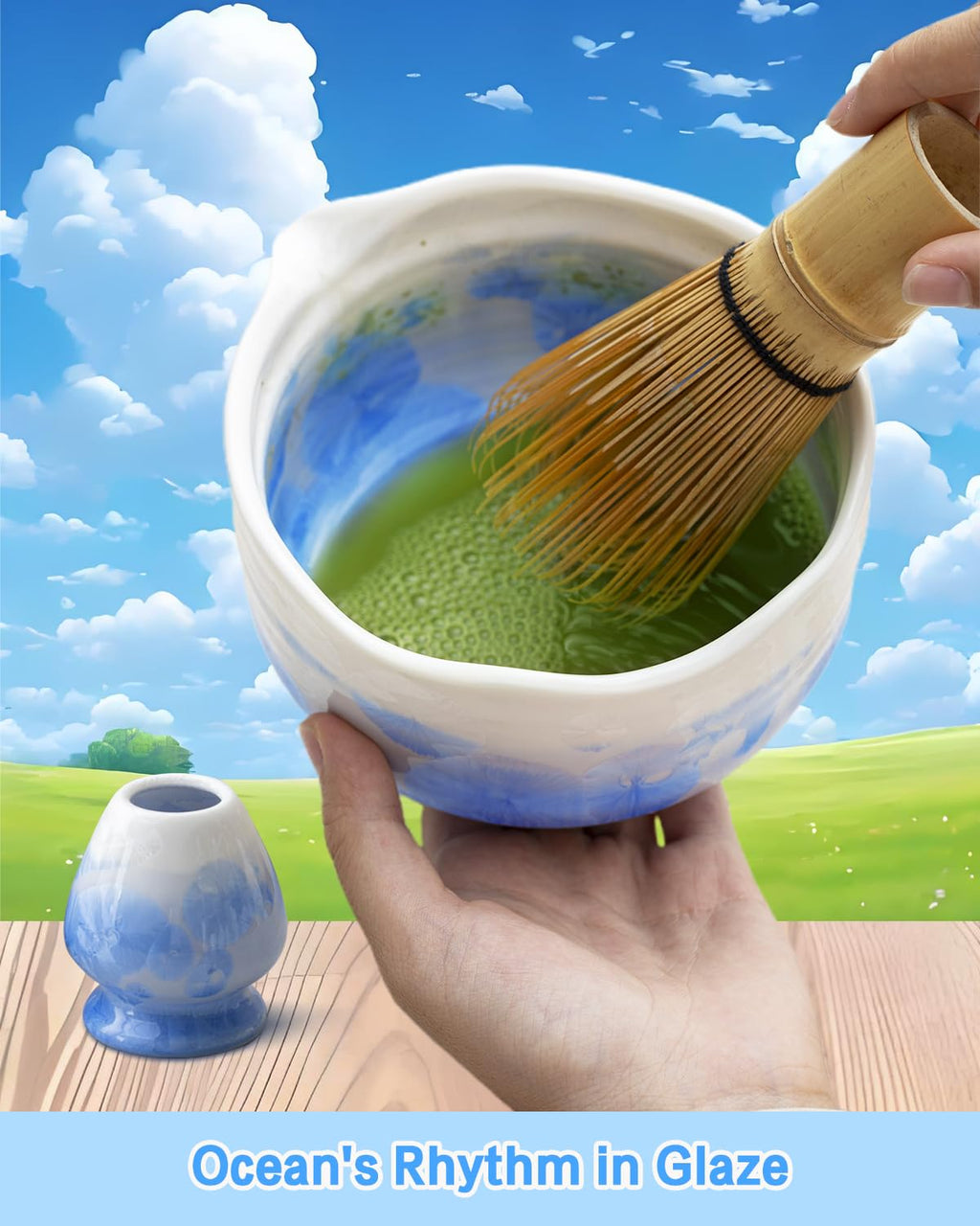 Natural Crystal Flower Matcha Set - 4 Pcs Food Grade Matcha Kit with Spouted Bowl, Matcha Whisk, Scoop and Chasen Holder - Matcha Tea Ceremony Gift for Matcha Lovers (Mist Azure)