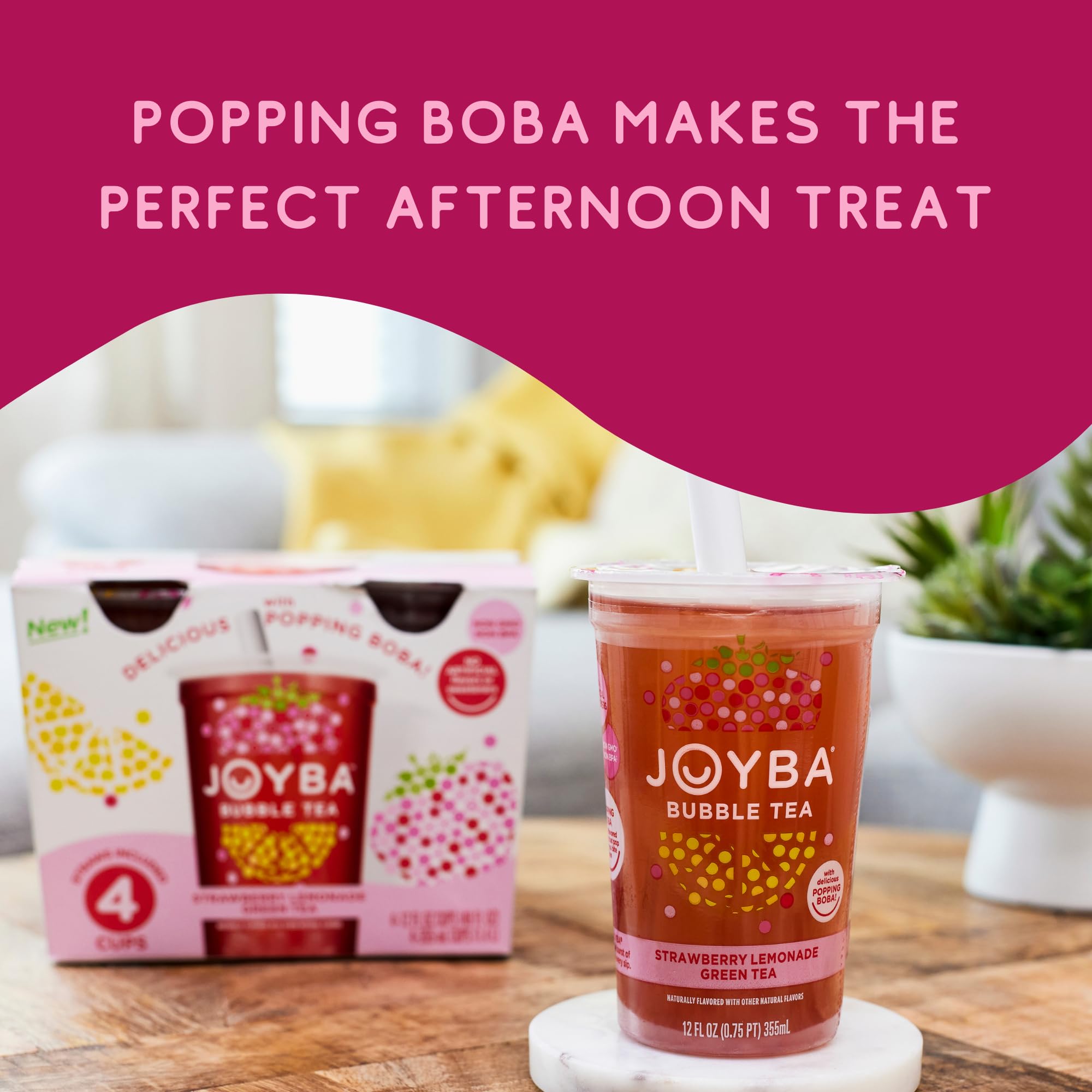Joyba Bubble Tea Strawberry Lemonade Green Tea, 4 Pack, 12 fl. oz. Cups