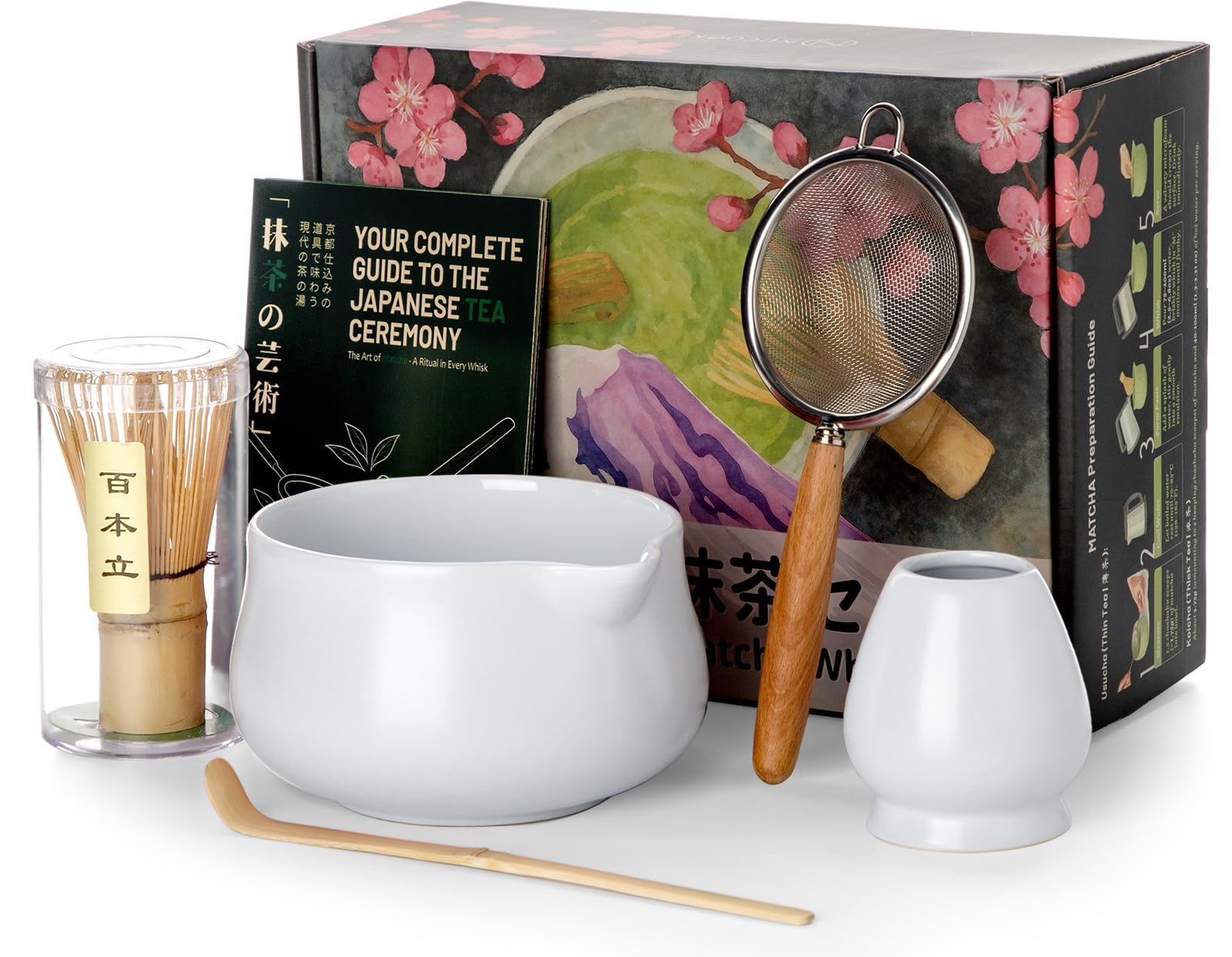 Nucookery Matcha Set with 18oz Ceramic Bowl Bamboo Whisk Kit 5pcs, White