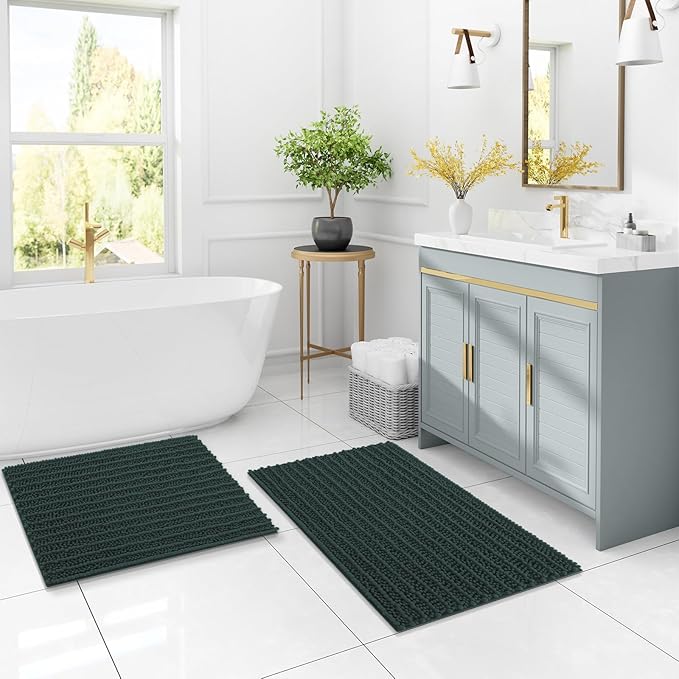 Arotive Luxury Chenille Bathroom Rug Mat, Extra Soft Thick Absorbent Shaggy Bath Rugs, Non-Slip Machine Wash Dry, Plush Bath Mats for Bathroom, Shower and Tub, 54x24, Dark Green
