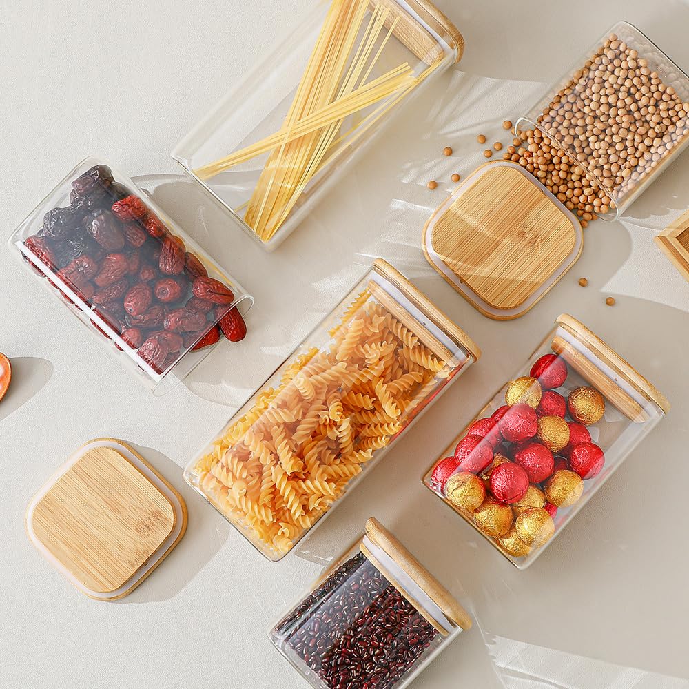 Homtop Glass Food Storage Containers with Lids, 50 Oz High Borosilicate Glass Jars for Coffee Bean, Candy, Cookie, Flour, Square