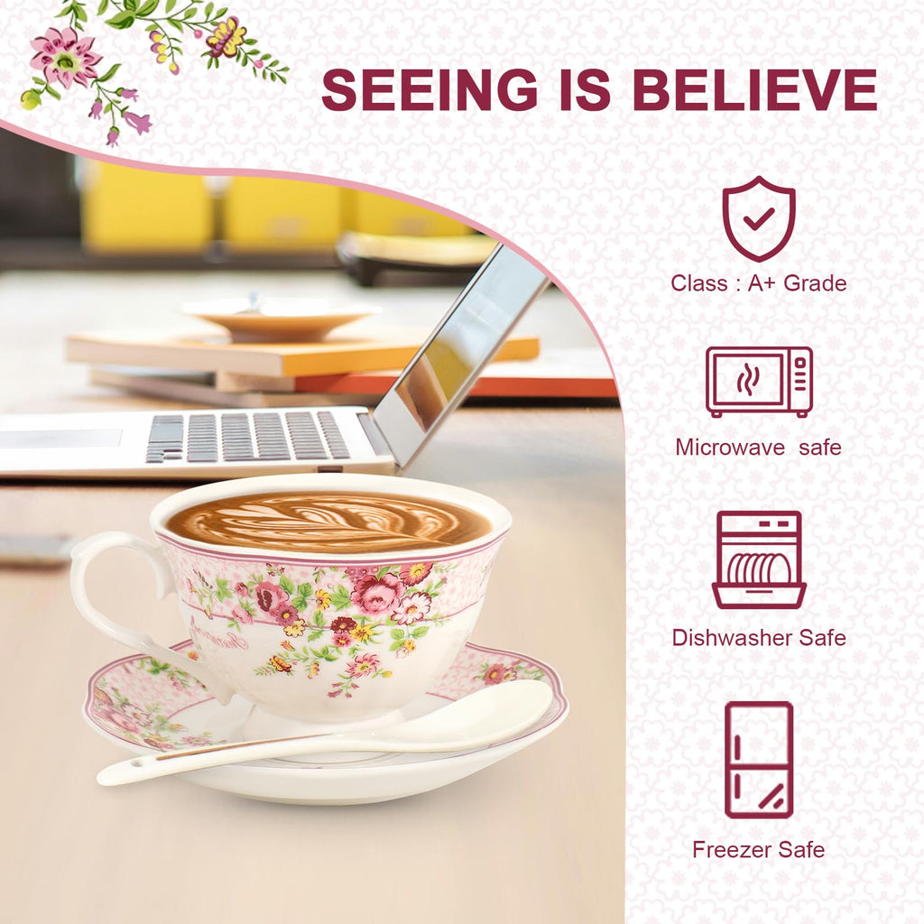 SWEDOU Cup and Saucer Sets of 6 with Spoon, 8oz Ceramic Tea Cups Saucers Set Porcelain New Bone China Floral Vintage Coffee Cup & Saucer Sets -Microwave Dishwasher Safe (Pink)