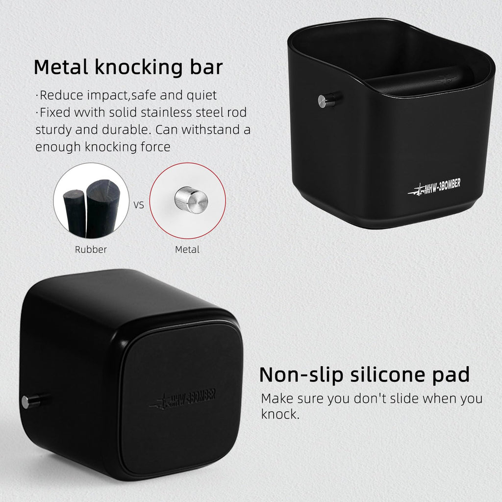 MHW-3BOMBER Espresso Knock Box, 1.2L(15 Cups) Coffee Knock Box with Removable Knock Bar and Anti-slip Pads for Espresso Puck, Coffee Ground, Durable Espresso Accessories, Black GB5967B
