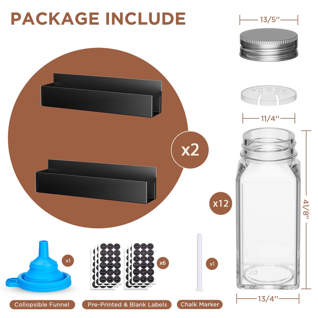2 Pack Magnetic Spice Rack with 12 Spice Jars, Spice Labels, Magnetic Spice Organizer Shelf for Refrigerator, Microwave, Seasoning Organizer for Kitchen, Spice Jars with Label and Organizer Rack