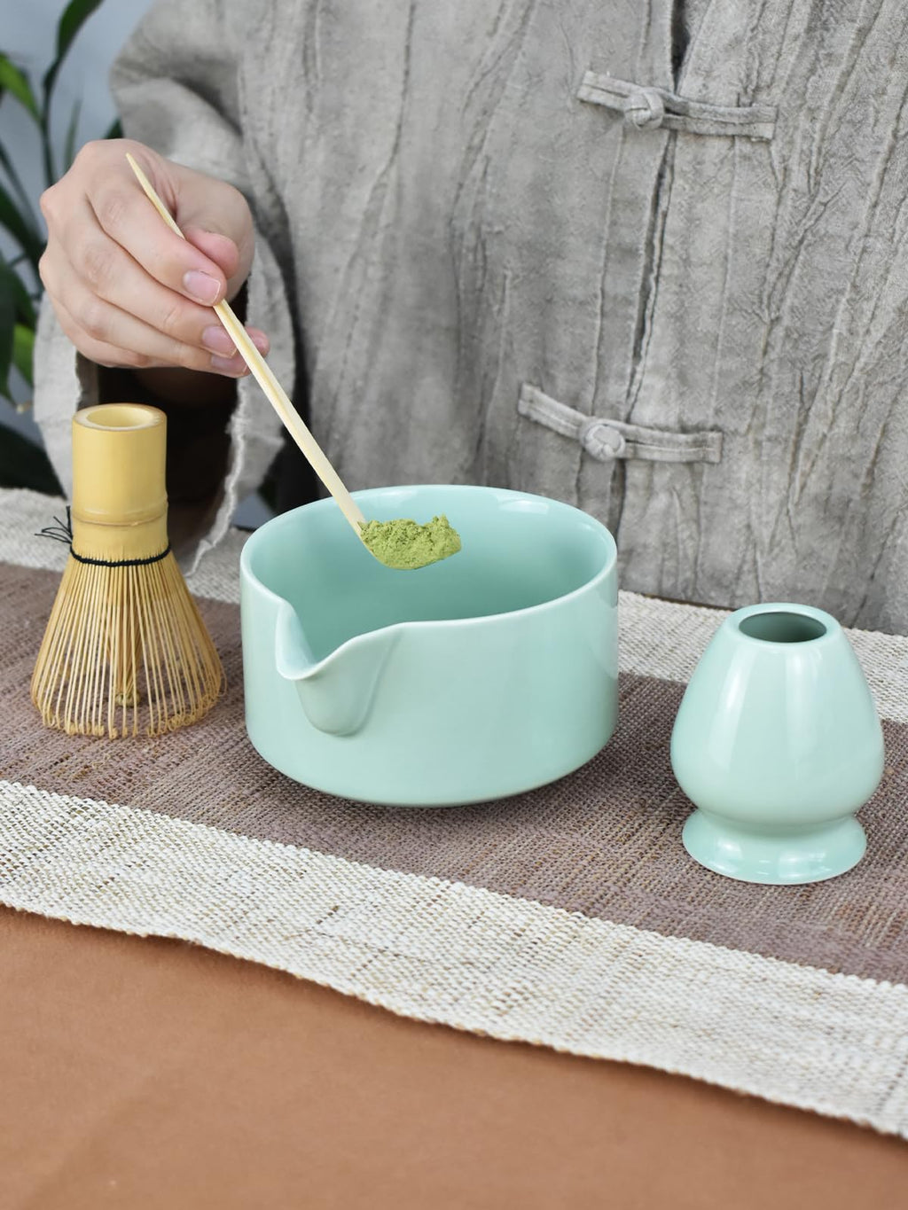 Artcome Premium Matcha Tool Set Green 1, 4 Pcs, Japanese Matcha Set with Bowl, Whisk, Holder, Scoop & Manual
