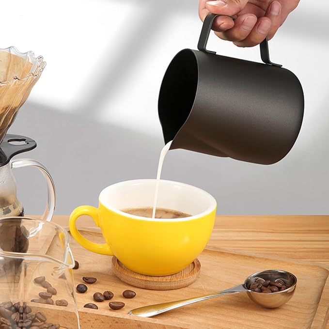 Milk Frother Pitcher 20 OZ, Espresso Milk Frothing Pitcher, Milk Steamer Cup Steaming Pitcher, Stainless Steel Coffee Froth Cup with Latte Art Pen for Coffee Cappuccino (Black)