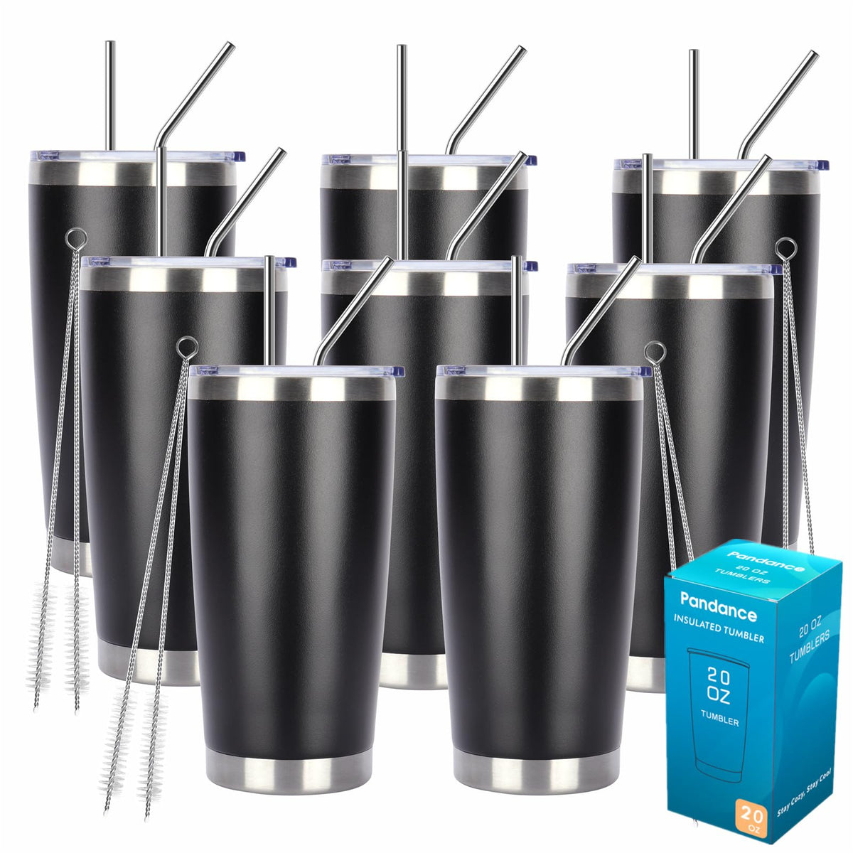 Pandance 20oz Stainless Steel Insulated Tumblers Bulk, Black, 12 Pack