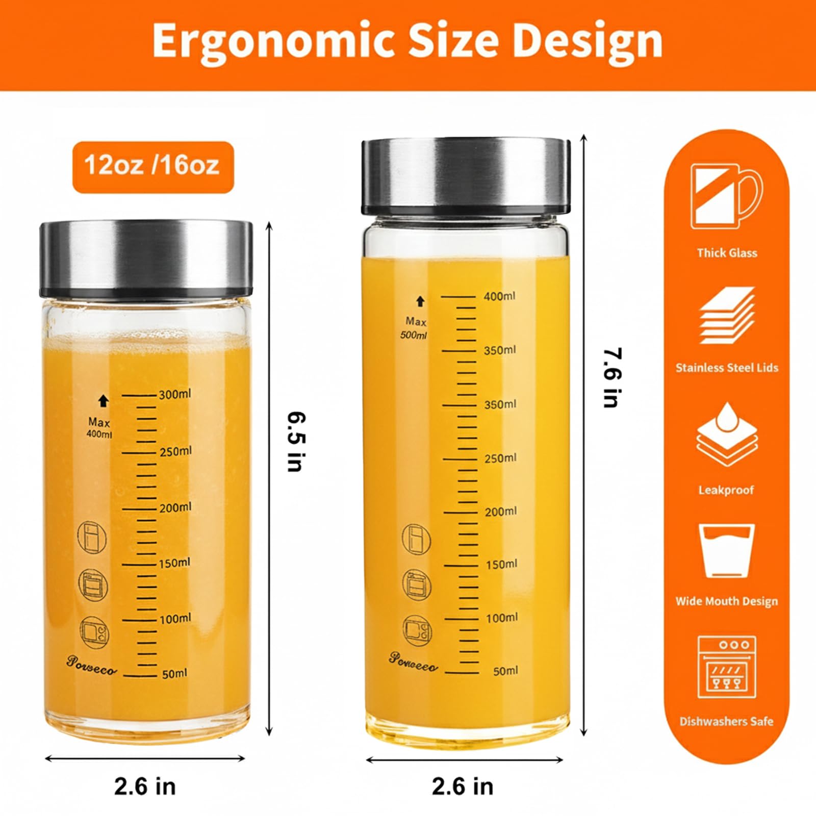 poweco Glass Juice Bottles 4 Pack 16 oz - Wide Mouth Glass Water Bottles with Lids - for Juicing, Protein, Smoothie, Milk, Reusable, BPA Free, Stainless Steel Lids, Blender, Shaker Bottle (500ml)