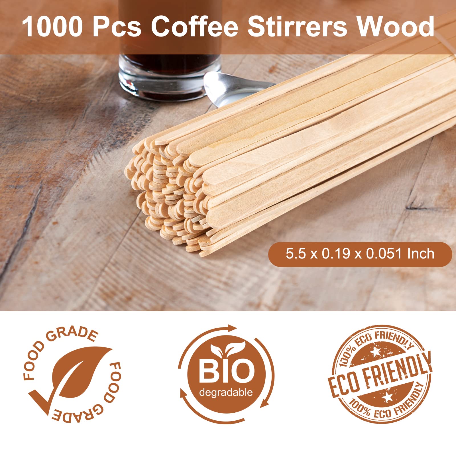 1000 Pcs Coffee Stirrers 5.5 Inch Wood Coffee Stir Sticks Individually Wrapped Wooden Stir Sticks Disposable Wood Stir Sticks Eco-Friendly Wood Coffee Stir Sticks for Coffee, Cocktail (1000 PCS)