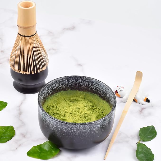 Matcha Whisk Set, Matcha Tea Set Included Matcha Bowl, Bamboo Matcha Whisk, Scoop, Matcha Whisk Holder, Spoon Stand, Matcha Sifter, Japanese Matcha Set for Beginners, Black