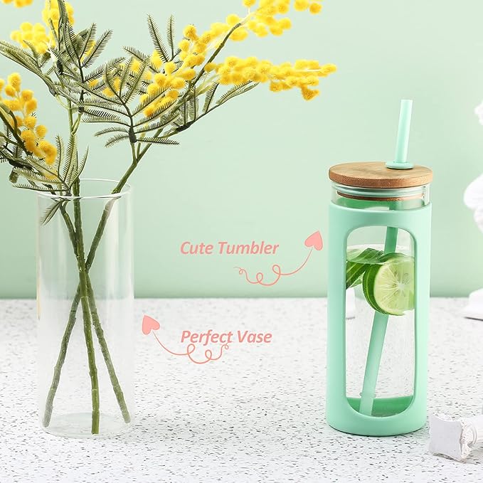 Kodrine 20oz Glass Water Tumbler with Straw and Lid, Bamboo Lids Water Bottle, Iced Coffee Cup Reusable, Wide Mouth Smoothie Cups with Protective Silicone Sleeve BPA FREE-Purple