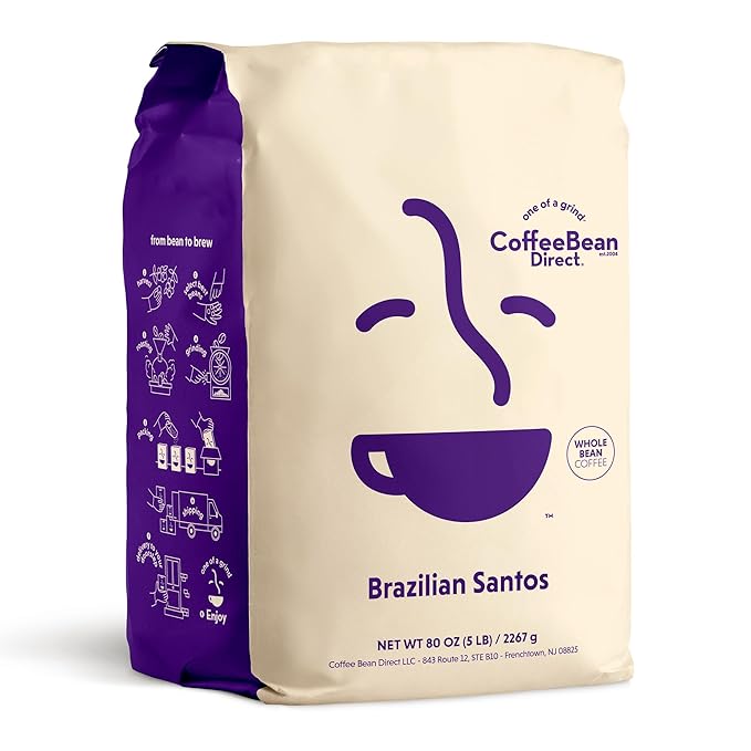 Coffee Bean Direct Brazilian Santos, Whole Bean Coffee, Arabica, Light Roast, 5 Pound Bag (Pack of 1)