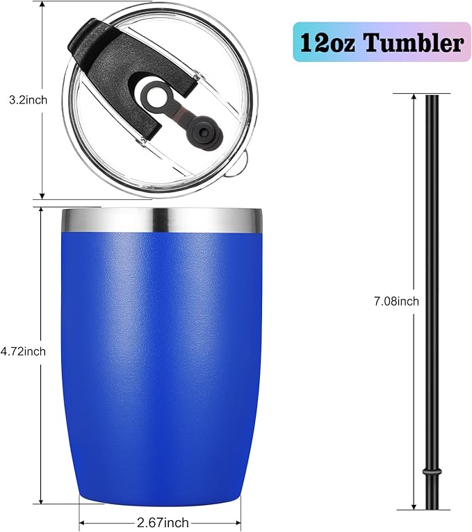 VEGOND Stainless Steel 12 oz Tumblers bulk Vacuum Insulated Double Wall Travel Tumbler with Lid and Straw Reusable Tumbler, Royal Blue 1 Pack