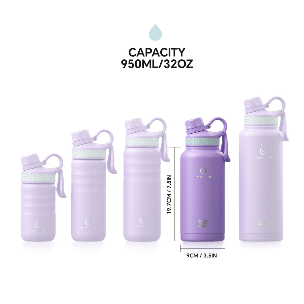 IDEUS Insulated Stainless Steel Water Bottle with 2 Leak-Proof Lids, Thermal Water Flask for Hiking Biking, 32oz, Violet