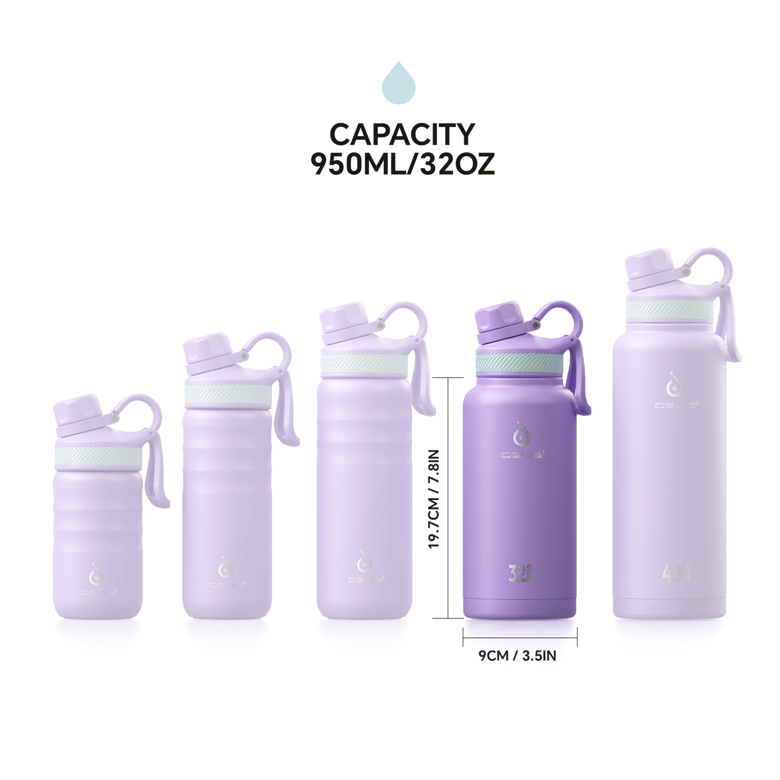 IDEUS Insulated Stainless Steel Water Bottle with 2 Leak-Proof Lids, Thermal Water Flask for Hiking Biking, 32oz, Violet