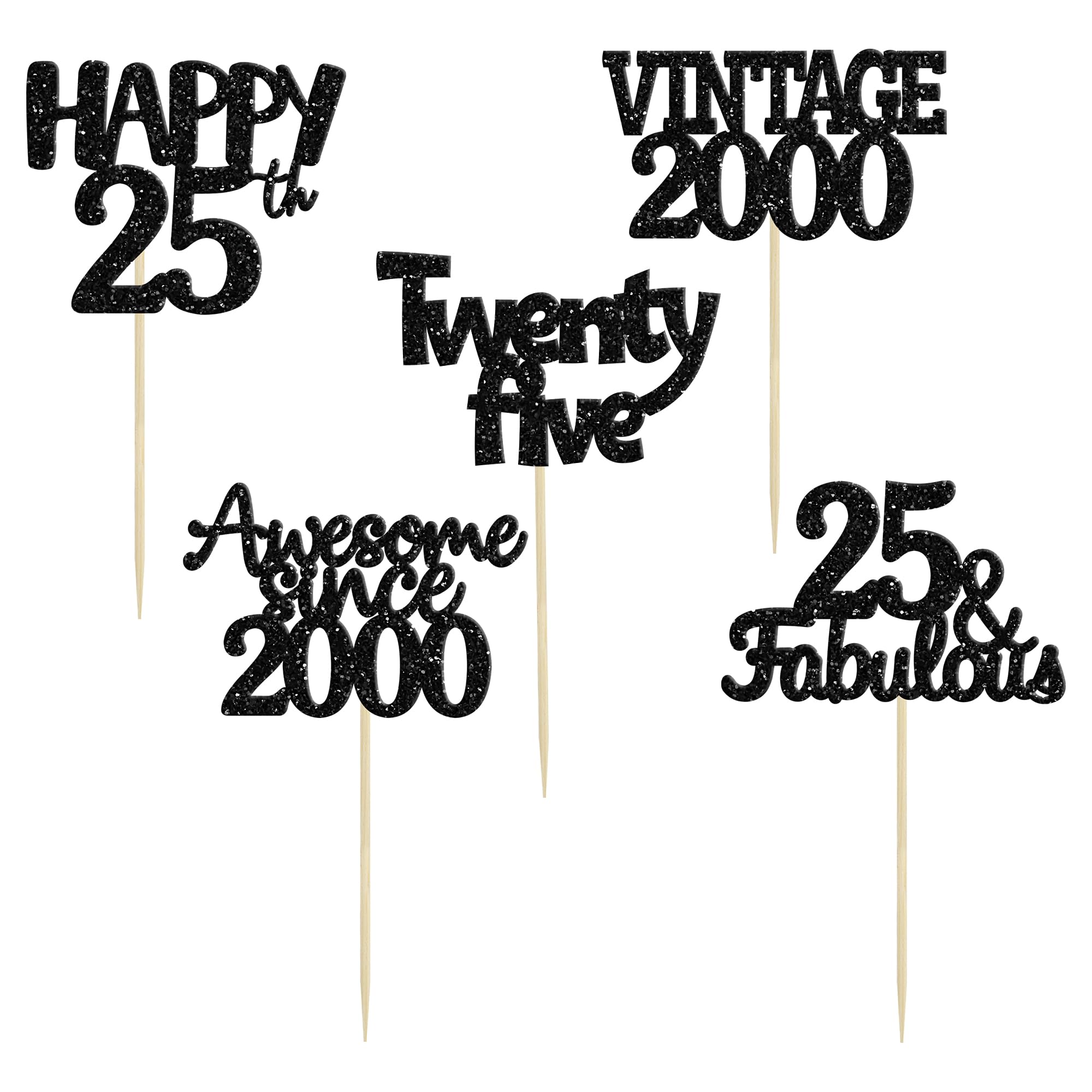 Gyufise 30Pcs Vintage 2000 Cupcake Toppers Glitter 25th Birthday Cake Decorations - Black