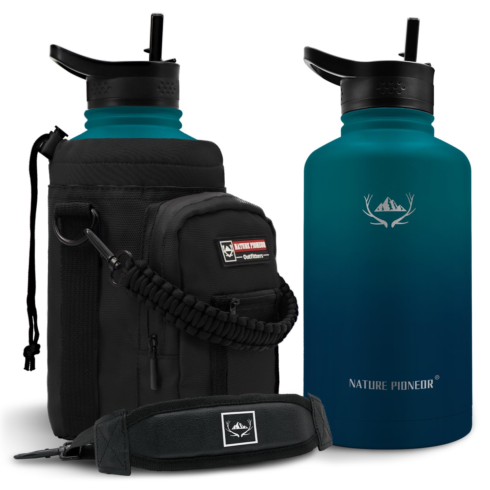 NATURE PIONEOR 64 oz Insulated Water Bottle with Carrier Bag & 3 Lids