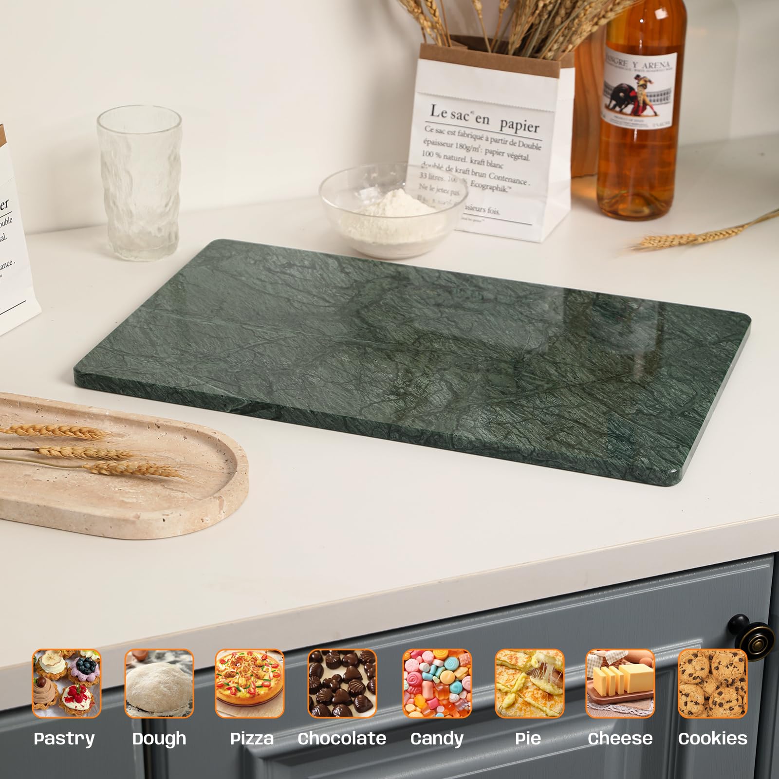 Adolif Green Marble Cutting Board, Marble Slab Pastry Board 12x20 Inch With Non-Slip Feet For Baking, Cheese, Charcuterie, Chocolate
