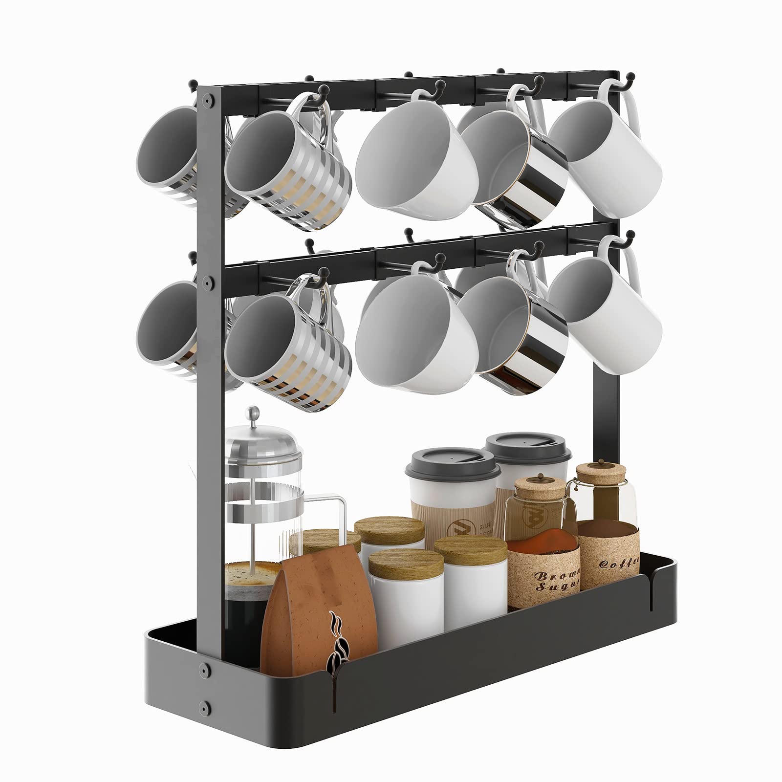 ZDDLOINP Coffee Mug Holder, 2 Tier Metal Mug Rack with 16 Movable Hooks