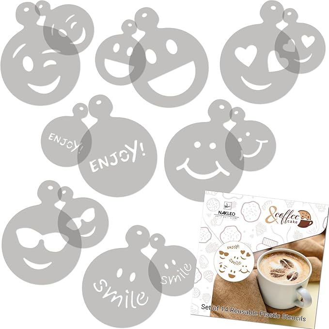 NAKLEO Coffee Stencils and Cookies Decoration 14Pcs 2.8”x2.8” and 4.3”x4.3”, Reusable Plastic Baking Templates, Barista DIY Art Craft, Capuccino Latte Chocolate Cake Biscuit